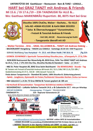 Marienbräu  Mi 21.5. u. Di 17.6. von 19-23h mit AllroundDancer Hart bei Graz Info 06644512100 Buche deinen Dj Geburtstag Tanzpar